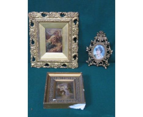 TWO GILT FRAMED CHRISTOLEUMS AND SMALL OVAL PORTRAIT ON PORCELAIN (AT FAULT) 