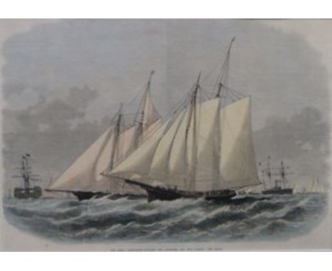 FRAMED POLYCHROME PRINT - THE OCEAN YACHT RACE BETWEEN THE DAUNTLESS AND CAMBRIA 