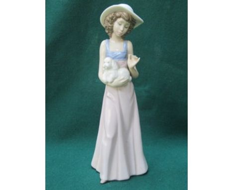 NAO GLAZED CERAMIC FIGURE OF A LADY WITH  A DOG  APPROXIMATELY  26cm HIGH