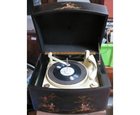 VINTAGE PYE MONARCH RECORD PLAYER WITHIN EBONISED BOW FRONTED CASE DECORATED WITH ORIENTAL FIGURE 