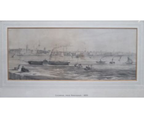 FRAMED MONOCHROME PRINT DEPICTING LIVERPOOL FROM BIRKENHEAD, 1853, APPROXIMATELY 14.5cm x 36cm