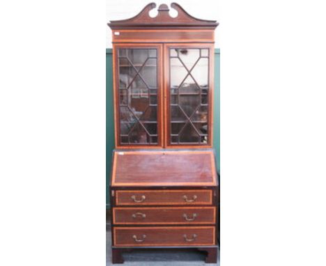 EDWARDIAN MAHOGANY INLAID TWO DOOR ASTRAGAL GLAZED BUREAU BOOKCASE 