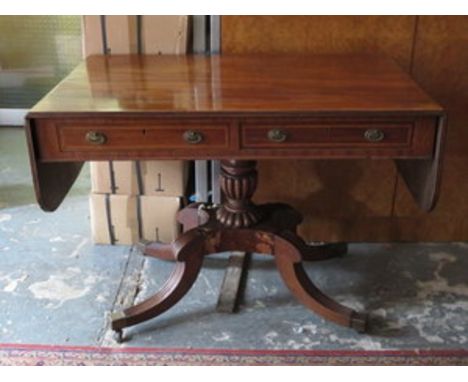 ANTIQUE MAHOGANY STRING INLAID DROP LEAF SOFA TABLE  