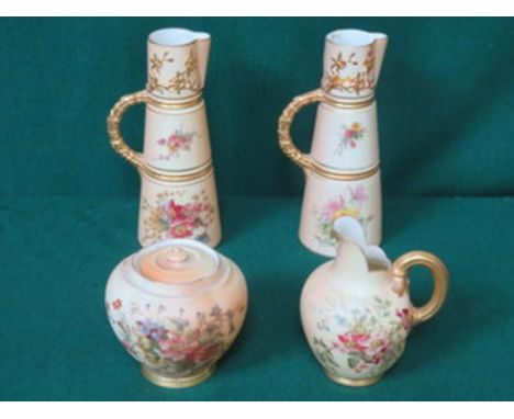 ROYAL WORCESTER HANDPAINTED BLUSH IVORY STORAGE POT WITH COVER.  ALSO THREE OTHER PIECES OF ROYAL WORCESTER BLUSH IVORY (AT F