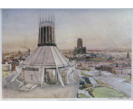 LIMITED EDITION SIGNED FRANK GREEN PRINT- THE METROPOLITAN AND ANGLICAN CATHEDRAL, APPROXIMATELY 49.5cm x 33.5cm 