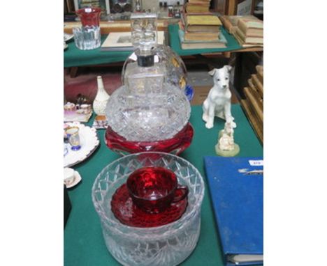 SILVER MOUNTED GLASS DECANTER AND COLOURED AND OTHER GLASSWARE 