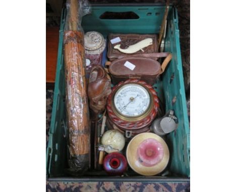 SUNDRY LOT INCLUDING TREEN, TWO BAROMETERS, BINOCULARS, COLOURED GLASSWARE, ETC. 