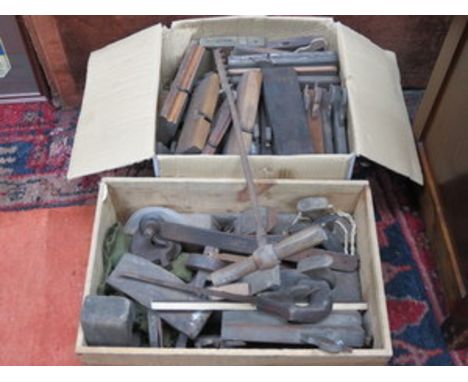 TWO BOXES OF VINTAGE WOODWORKING TOOLS, ETC. 