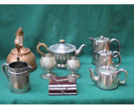 SMALL COPPER KETTLE, VINTAGE RAZOR SET PLATED TEAWARE ETC. 