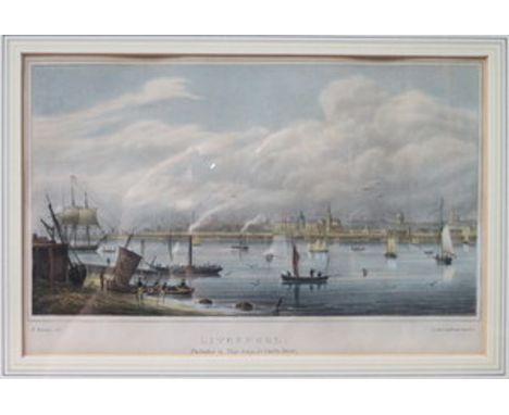 FRAMED POLYCHROME LITHOGRAPH DEPICTING LIVERPOOL WATERFRONT, BY R BARROW, APPROXIMATELY 19cm x 30cm 