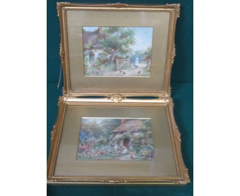 G K MASON, PAIR OF GILT FRAMED WATERCOLOURS DEPICTING COTTAGE SCENES, APPROXIMATELY 15cm x 20cm 