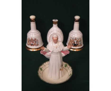 ROYAL DOULTON FIGURE (AT FAULT), TWO WADE BELLS WHISKEY DECANTERS, ONE OTHER AND TWO CERAMIC DISHES 