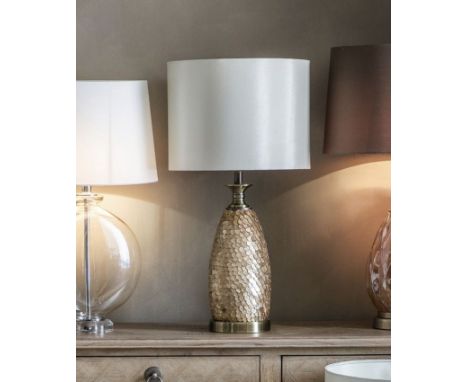 { Option of lots:  682, 683 } Mowbray Table Lamp Elegant Light Gold Speckled Glass Base With Fluted Cream Drum Shade. This St