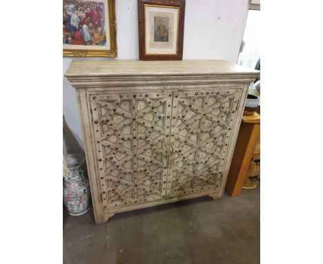 Hand Carved Two Door Grey/Cream Textured Paint Cupboard Internally Fitted With Shelf  This Grey Cream Painted Wood Cupboard H