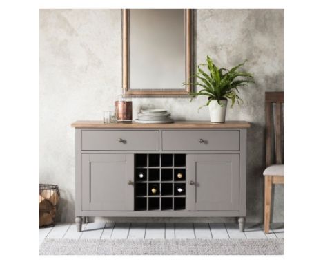 Cookham Large Sideboard In Grey Features A Built-In Wine Rack, 2 Cupboards, Each With A Shelf, And 2 Drawers For A Stylish, P