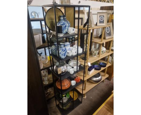A Stunning Open Display Black Metal Frame Featuring A Multi-Level Wooden Shelve With Gold Shaped Details To Back W 500mm D 30