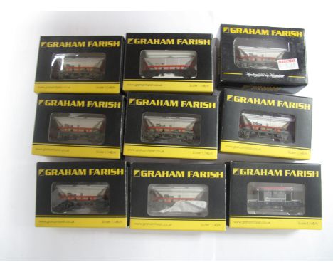 Eight Graham Farish Boxed 'N' Gauge Hopper Wagons, Ref No.'s 373-901B, 373-950B (6), 373-9514 and a 377-535 Brake Van, very g