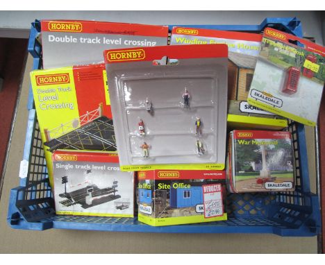 Eight Hornby "OO" Gauge/4mm Boxed Trackside Items, Level Crossings, Site Office, R8777 Winding Engine House, War Memorial, Pe