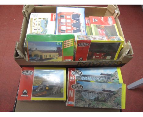 Nine "HO" Gauge Boxed Plastic Kits, by Heljan, Kibri and Auliagen, Bridges, Houses, Continental Station, Engine Shed, etc. Al