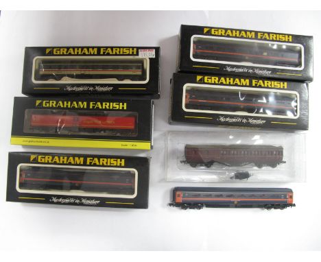 Seven Graham Farish 'N' Gauge Coaches - four MK3 'G.N.E.R, (three cased) - Ref 374-179 MK1 Intercity, Ref 374-903 Royal Mail,