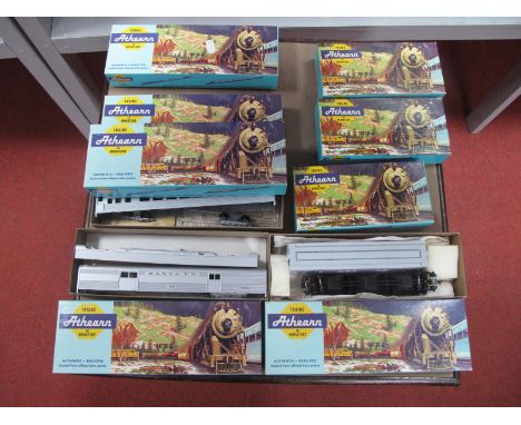 Eight Athearn "HO" Gauge Boxed Plastic Kits, - Four "Santa Fe" Coaches Ref No's 1731/1791/1811 and 1831 - three 50ft Box Vans