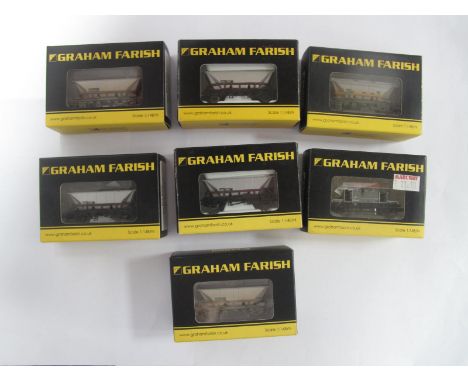 Six Graham Farish Boxed 'N' Gauge Hopper Wagons, Ref No.'s 373-900E (3), 373-901B (2), 373-950B and  a 377-535 Brake Van, ver
