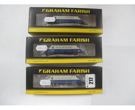 Three Graham Farish 'N' Gauge Ref 377-101B "Buxton Line" Hopper Wagons, very good boxed, condition.