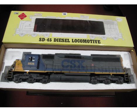 An Aristocraft Gauge One Ref ART-22410 SD-45 Co Co Diesel Locomotive; two rail CSX livery R/No 8935, slightly dusty condition