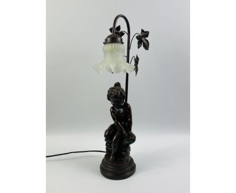 A contemporary bronzed effect table lamp with a decorative glass shade, 13 x 56cms. Estimate £15-20.