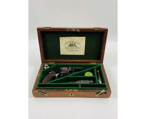 19th century Deane, Adams and Deane revolver, patent 10429, in original mahogany case with accessories to include bullet moul