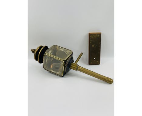 A large brass and metal mounted coach lamp with bevelled glass, of typical style and form, stamped J MARSTON &amp; CO, BIRMIN