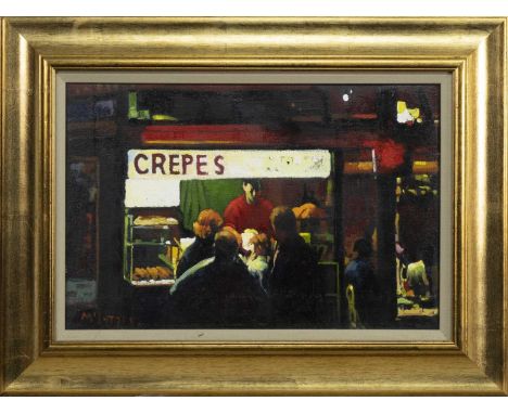 * JOE MCINTYRE (SCOTTISH b. 1940),EVENING IN THE CITY KIOSK, BASTILLE, PARISoil on canvas, signed, titled label versoimage si