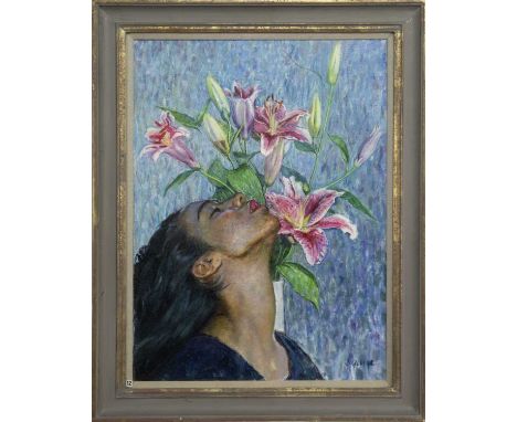 * GEOFF SQUIRE RSA RSW RGI (BRITISH 1923 - 2012),PROFILE OF GIRL WITH FLOWERSoil on canvas, signed, titled label versoimage s