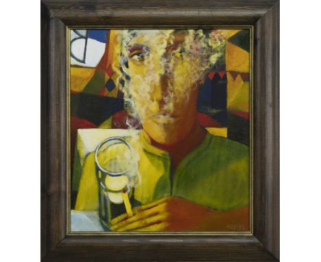 * JONATHAN HOOD (SCOTTISH b. 1957),SMOKE IN THE EYESoil on board, signed, titled and dated 1998 versoimage size 46cm x 41cm, 