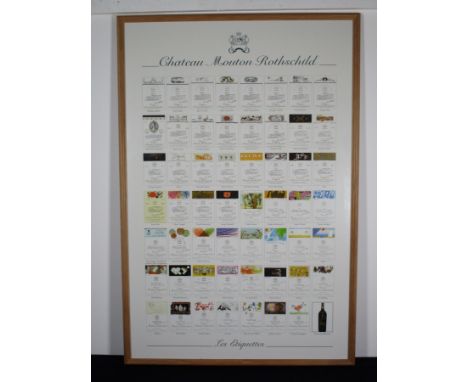 A Coloured Print - Château Mouton Rothschild labels 56 years from 1945-2000 all by famous artists under glass in a modern woo