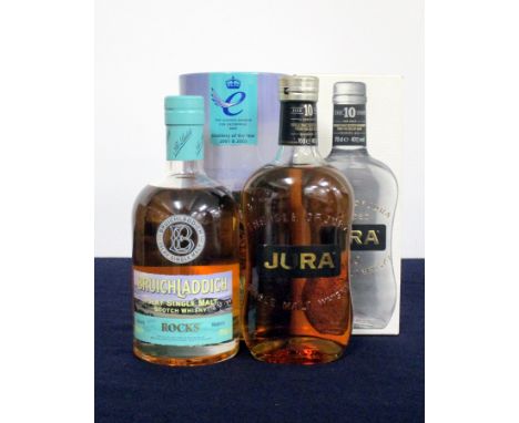 1 70-cl bt Bruichladdich Rocks Islay Single Malt Scotch Whisky 46% original tin tube 1 70-cl bt Jura 10 YO Single Malt Scotch