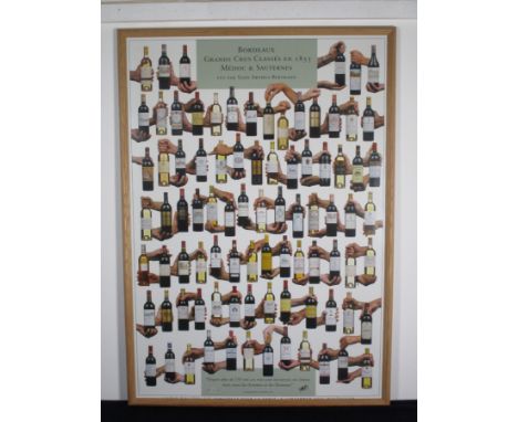 A Coloured Print - The Classification  of 1855 Médoc and Sauternes showing all the bottles held by hand in order 1st to 5th g
