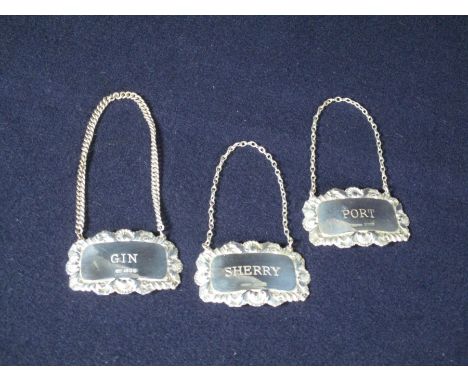 Three Silver Decanter Labels :- Gin London 1963 - N° 2 Port Birmingham 1970 - A.M. and Co  Sherry Birmingham 1970 -  A.M. and