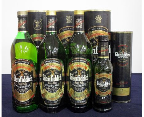 3 x litre bts Glenfiddich Special Old Reserve Pure Malt Scotch Whisky 43° GL original tubes (sl damaged) vsl cdl 1 35 cl bt G