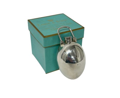 Unusual Victorian silver egg-shaped flask with screw top and swing handle, English hallmarks (rubbed) and retailers marks 'Lo