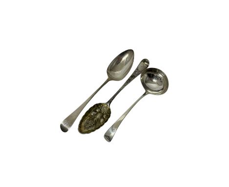 George III silver old English pattern sauce ladle, George III silver table spoon and another Georgian silver spoon with later