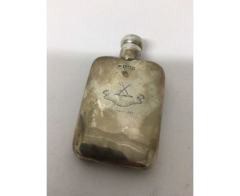 Victorian silver hip flask with engraved armorial crest and dated 'November 1899' ( London 1899) 13 x 7.5cm, 4.3 ozsSome dent