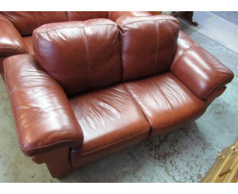 Modern brown leather two-seat sofa, on block feet, WS175cm D97cm H87cm 