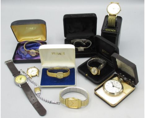 Sekonda gold plated wristwatch with date D34.6mm, Ingersoll plated pocket watch, Newmark plated cushion cased wristwatch, Wes