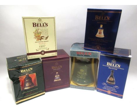 Five Bell's Scotch Whisky ceramic decanters, 70cl, and one 75cl, sealed and boxed (6) 