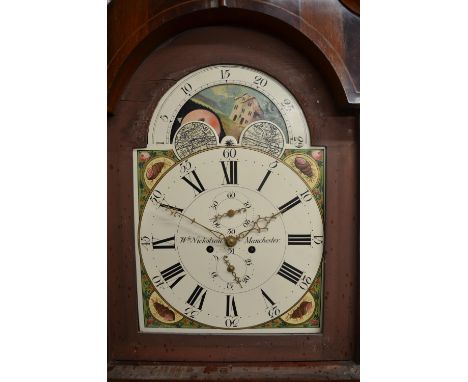 Wm. Nicholson Manchester - C19th mahogany long case clock, signed arched painted 20in moonphase Roman dial with shell spandre