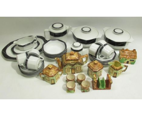 Beswick Cottage preserve pot no. 244, similar Price Bros cottage ware toast rack, three piece teaset, Tienshan Royal Porcelai