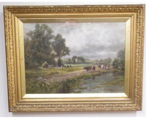 After R Gallon; Harvesting Scene with cattle in a river landscape, colour print, 39cm x 54cm 