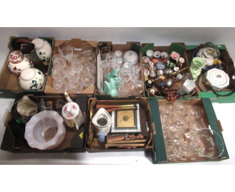 Collection of ceramics and glassware, incl Mason's ginger jars; oil lamp shade, etc. (8 boxes) 