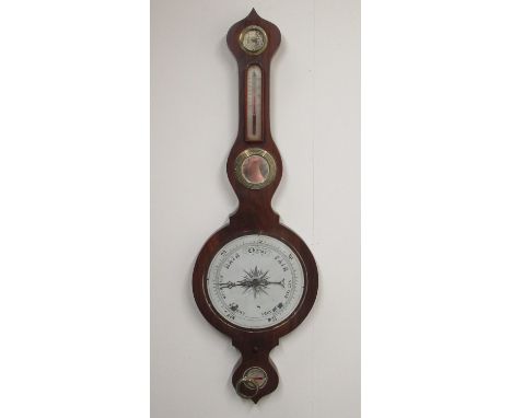 C19th mahogany wheel barometer, 10" painted dial with dry - damp indicator, thermometer, butler's mirror and level H103cm 